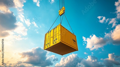 Yellow Shipping Container Suspended by Crane Against Vibrant Blue Sky and White Clouds
