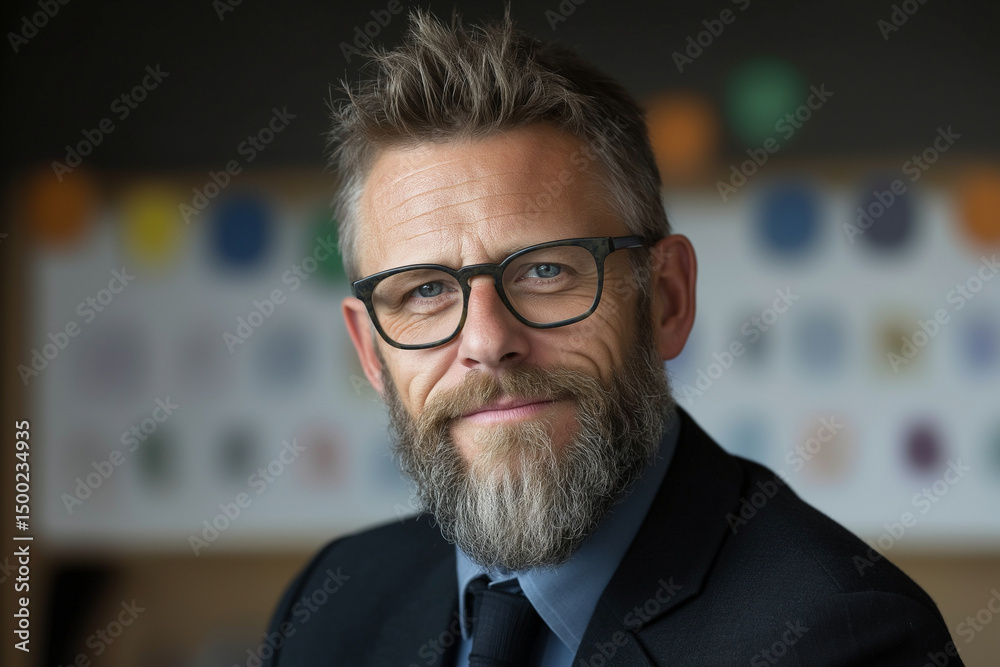 Business professional with beard smiles in office setting during daytime meeting Business professional with beard smiles in office setting during daytime meeting