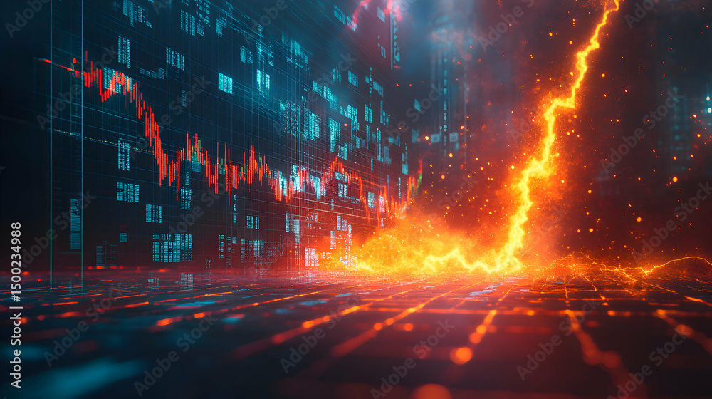 Obraz premium A lightning bolt splitting through financial charts, scattering economic icons into chaos