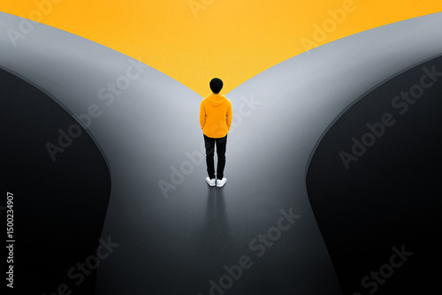 Individual stands at a crossroad under bright yellow sky contemplating choices and paths ahead