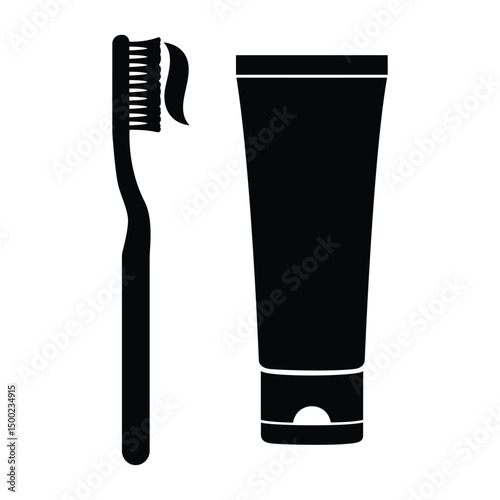a black toothbrush and toothpaste tube icon, essential hygiene symbol for personal care products, dental health, and bathroom-related designs.