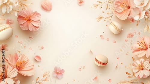 Digital illustration of pastel pink flowers and macarons arranged on a cream background.