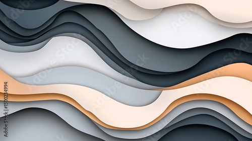 Digital illustration of layered, flowing waves in gray, black, and beige tones.