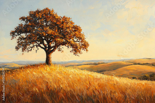 A solitary oak tree stands majestically on a golden hilltop overlooking a vast, tranquil landscape bathed in the warm hues of sunset.