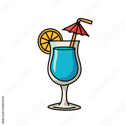 Vector illustration of a tropical cocktail with a lemon slice and umbrella, ideal for summer party, beach bar, or holiday travel themes. Stylish and fun in a cartoon style