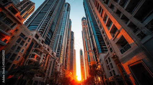 Golden sunlight casts a warm glow on towering skyscrapers in an urban setting during sunset  highlighting the intricate designs of the buildings. Palm trees line the street below