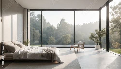 A modern, empty room with a large window offers a view, showcasing contemporary home interior design with wooden floors and ample natural light