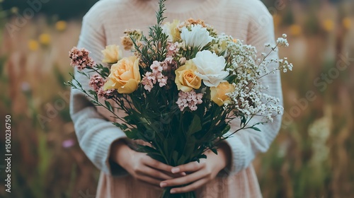 Photograph of hands holding a mixed bouquet of roses, hydrangeas, and baby's breath against a blurred floral background.