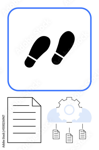 Black footsteps indicating steps over a document, gear, and cloud-linked folders. Ideal for process visualization, workflow planning, task organization, digital transformation, strategy, data flow