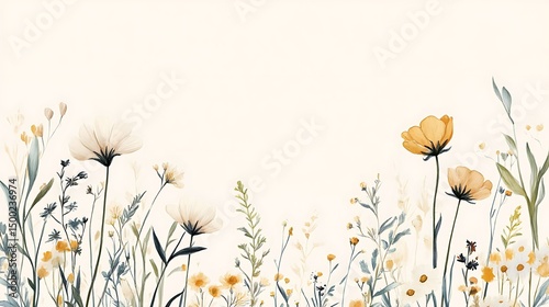Watercolor illustration of delicate wildflowers and foliage in muted tones.