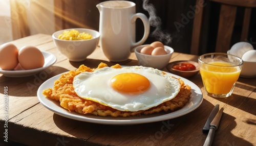 A closeup of a morning breakfast dish with fried eggs and bacon in a pan shows the yellow yolk