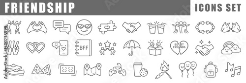 A diverse set of outline icons representing various aspects of friendship, connection, social interaction, and affectionate gestures.