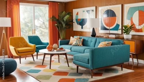 A comfortable modern living room interior features a stylish sofa, chairs around a wooden table, and elegant decor on the floor