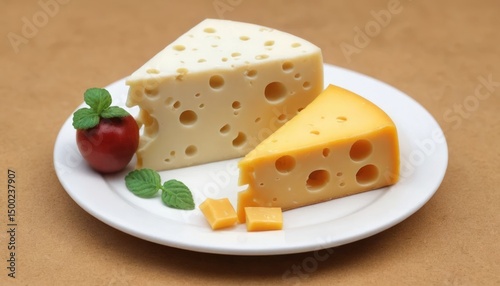 A white plate holds a sweet slice of gourmet cheese cake, a dairy dessert, alongside a yellow piece of cheese