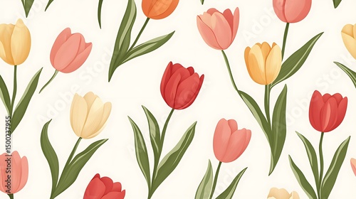 Digital illustration of multiple red and yellow tulips with green stems on a cream background.