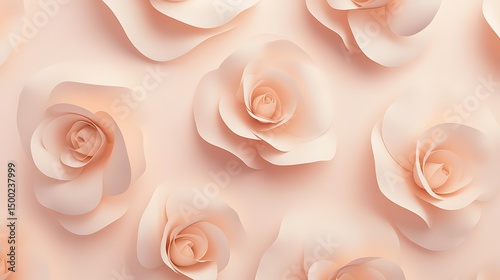 Photograph of paper roses, light beige, layered arrangement, decorative design, minimalist aesthetic.