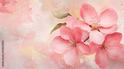 Watercolor painting of three delicate pink cherry blossoms with green leaves on a textured background.