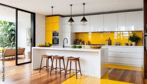Modern home design features a yellow dining room with wooden table and chairs integrated with the kitchen interior.