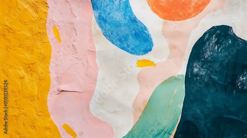 Abstract painting showcases geometric shapes in pink, blue, yellow, and green on a textured wall.
