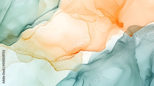 Photograph of abstract fluid art, watercolor-inspired design with teal and peach blending.