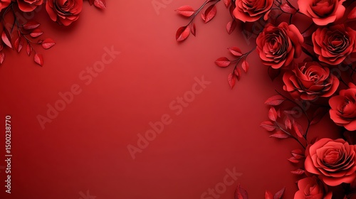 3D render of a dark red rose arrangement with leaves against a solid red background.