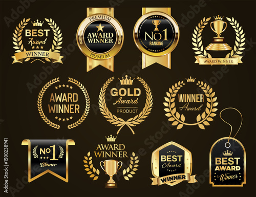 Top rated and award winner golden badge and emblem collection stock illustration 