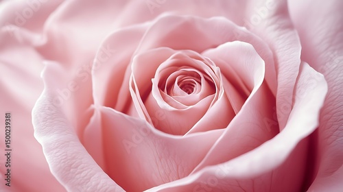 Photograph of a delicate, pink rose in sharp focus, showcasing intricate petal layers.