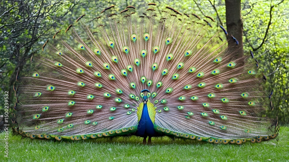 Obraz premium Majestic Peacock Displaying Vibrant Tail Feathers in Lush Green Nature