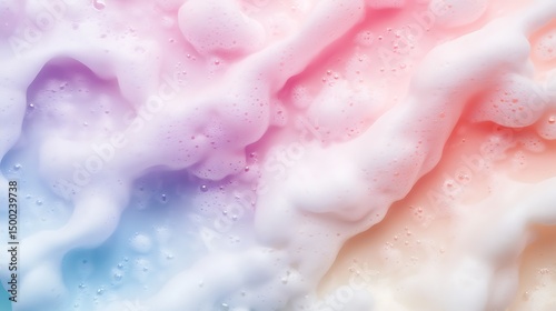 Photograph of colorful foam, blending shades of pink, blue, and orange in a textured, bubbly abstract composition.
