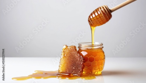 Golden liquid honey in a glass jar sits on a wooden surface near a honeycomb and dipper, showcasing its natural sweetness