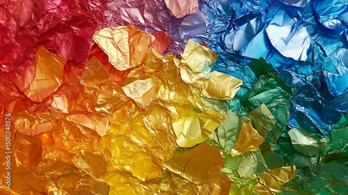 Photograph of layered, iridescent paper in a rainbow gradient, creating a textured, abstract composition.