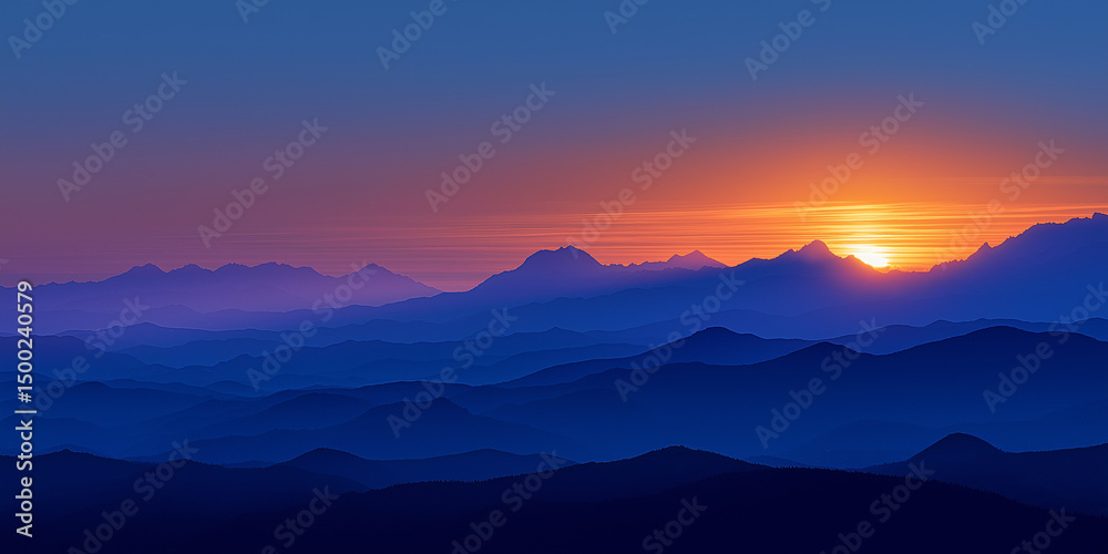 Fototapeta premium Blue dawn over misty mountain ranges with sunlight