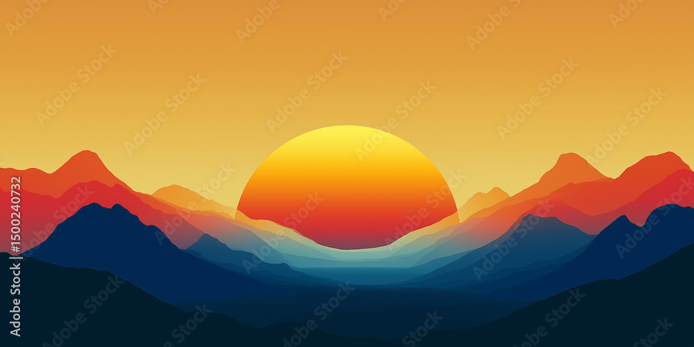 Fototapeta premium Colorful digital mountain landscape with vibrant sunrise and layered hills 