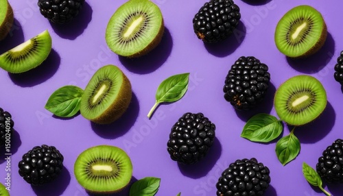 Fresh Kiwi Slices Blackberries and Basil Leaves Falling on Purple Background