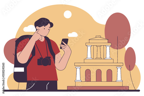 A tourist with a backpack and camera checks his phone in front of a classical government building.