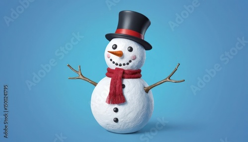 A cute 3D snowman with a red scarf and hat celebrates the winter season on a snowy white background