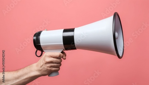 Hand holding a loud megaphone for business communication, announcing news with an amplified voice