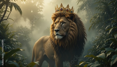 Portrait of a male lion with a crown on his head