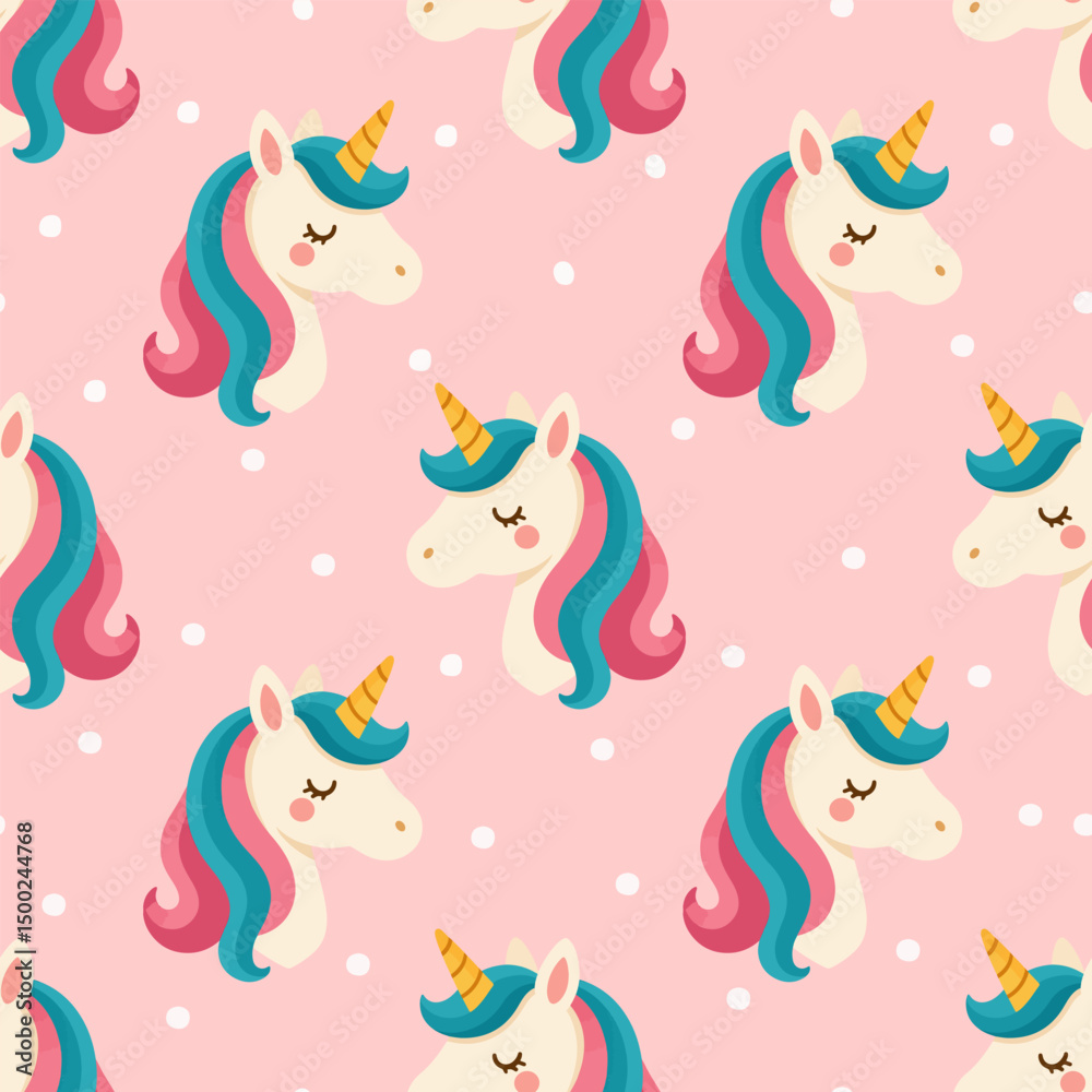 Obraz premium Seamless pattern with cute unicorn heads, pastel rainbow manes and pink background. Perfect for kids' textiles, wallpapers, wrapping paper, and birthday designs.
