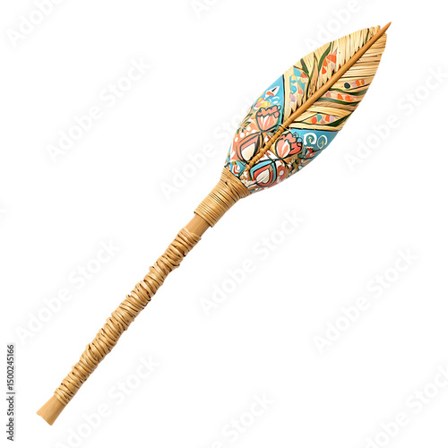 A Woven Straw Arrow with Ukrainian Pysanka Patterns Isolated on Transparent Background