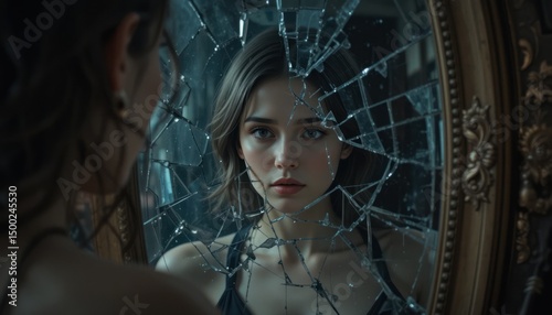 Women face front on broken mirror