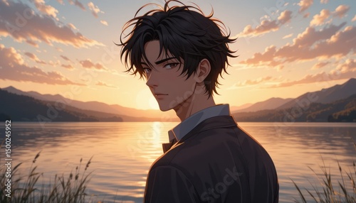 Anime boy character with lake and sunset background