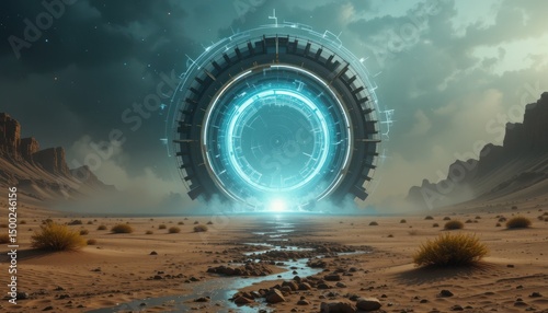 A large portal with a circular light shining in the center, set in a desert under a cloudy sky, a mysterious large portal