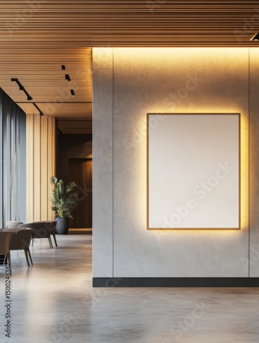 modern hotel lobby interior with a blank poster frame on the wall, featuring a wooden ceiling and concrete floor, bright and spacious layout