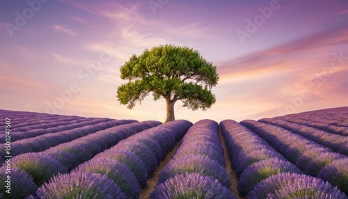 Vast lavender fields in Provence, France, display a stunning purple landscape under the summer sunset sky