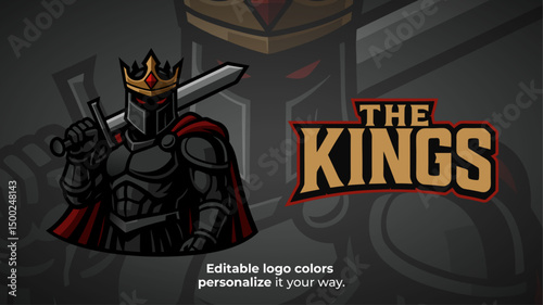 Dark Armored King Mascot Logo Vector – Crowned Black Knight with Sword for Esport Team, Fantasy Gaming Logo, Streamer Brand or Evil Royal Competitive Identity
