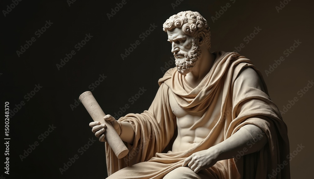 Obraz premium Detailed statue Roman senator in contemplative pose holding scroll. Intellectual political leadership ancient Roman civilization. Classical marble sculpture. Art, history, culture, architecture