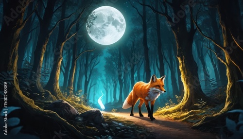 Red fox, a wild mammal with furry white markings, stands in the forest at night