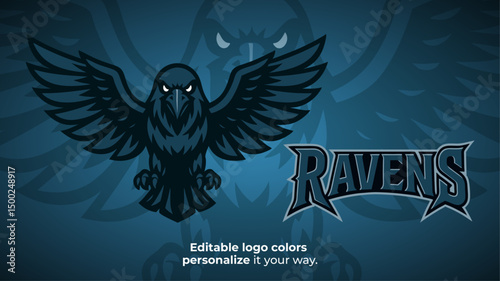 Flying Raven Front View Mascot Logo Vector – Fierce Dark Bird with Spread Wings for Esport Team, Gaming Logo, Twitch Stream Overlay or Competitive Branding

