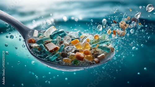 Metal spoon underwater with colorful floating microplastic particles symbolizing environmental pollution and food contamination, Generative AI
